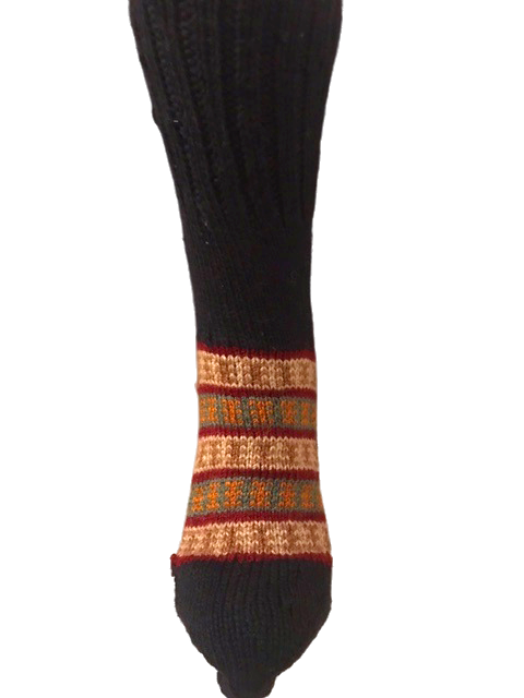 "Black with Sunset Orange" - hand knit woollen socks with a deep black base and traditional pattern
