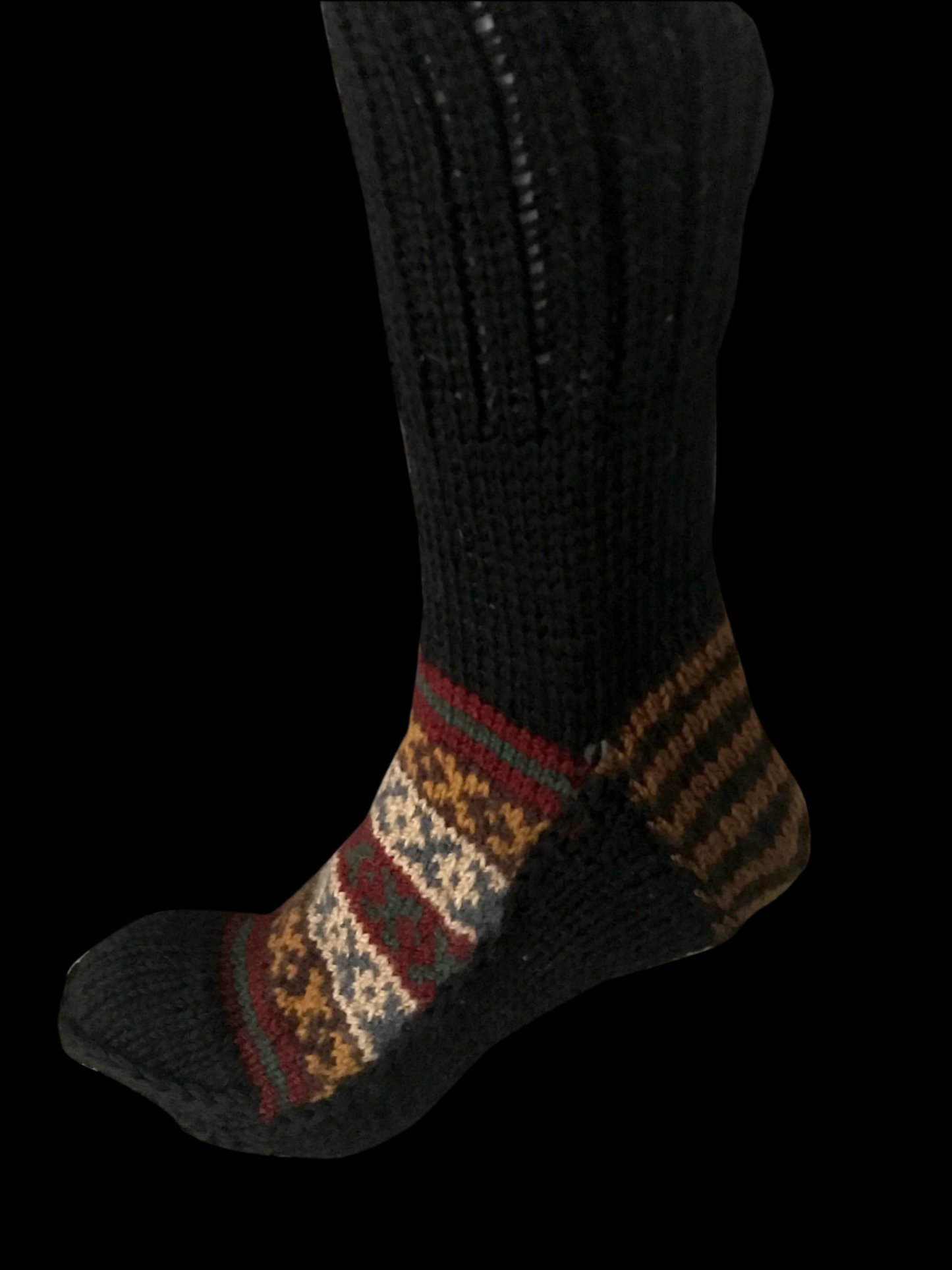 "Charcoal Black" - hand knit woollen socks with a seductive black base and Aztec like pattern