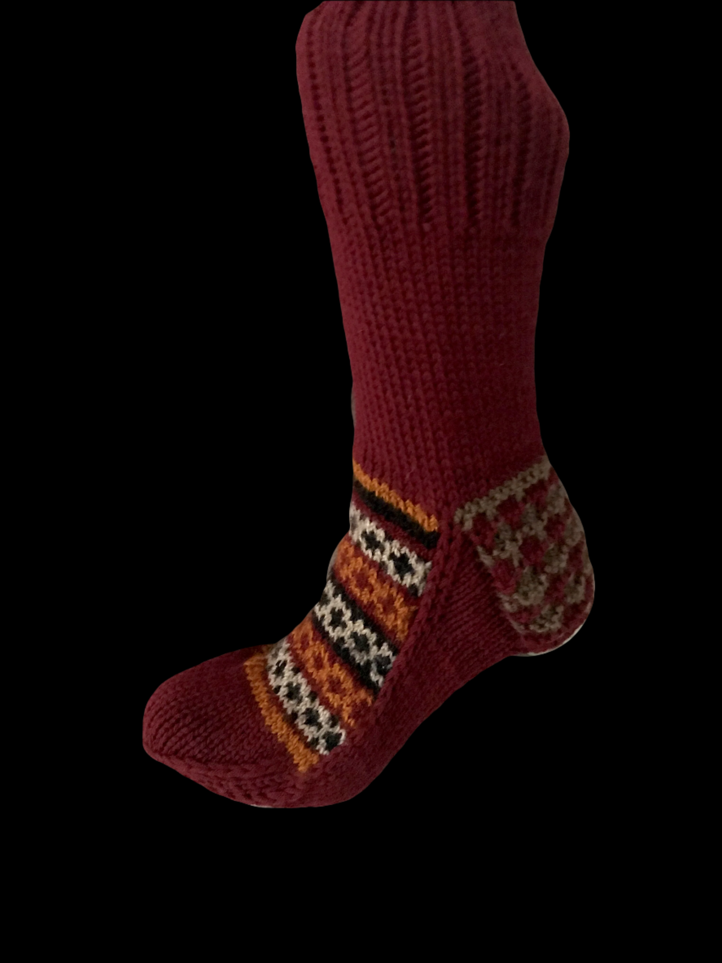 "Brick Red" - hand knit woollen socks with a red base and subtle festive blends