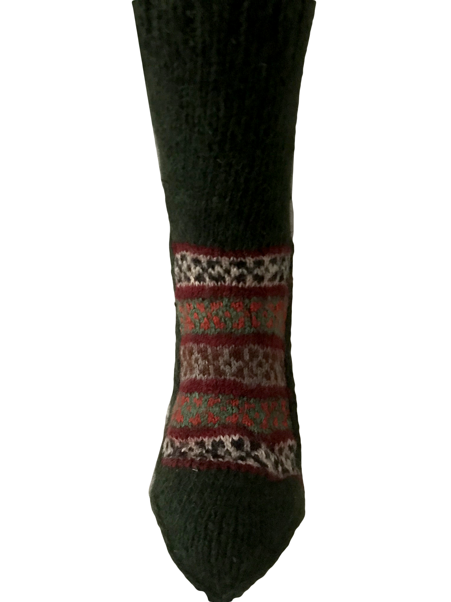 "Forest Green" - hand knit woollen socks with a green base and traditional Kullu pattern