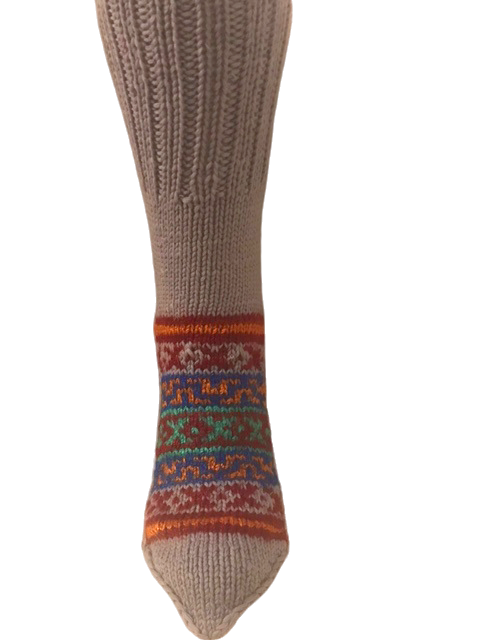Beige Base with Horizontal Orange Lines on Heel - hand knit woollen socks