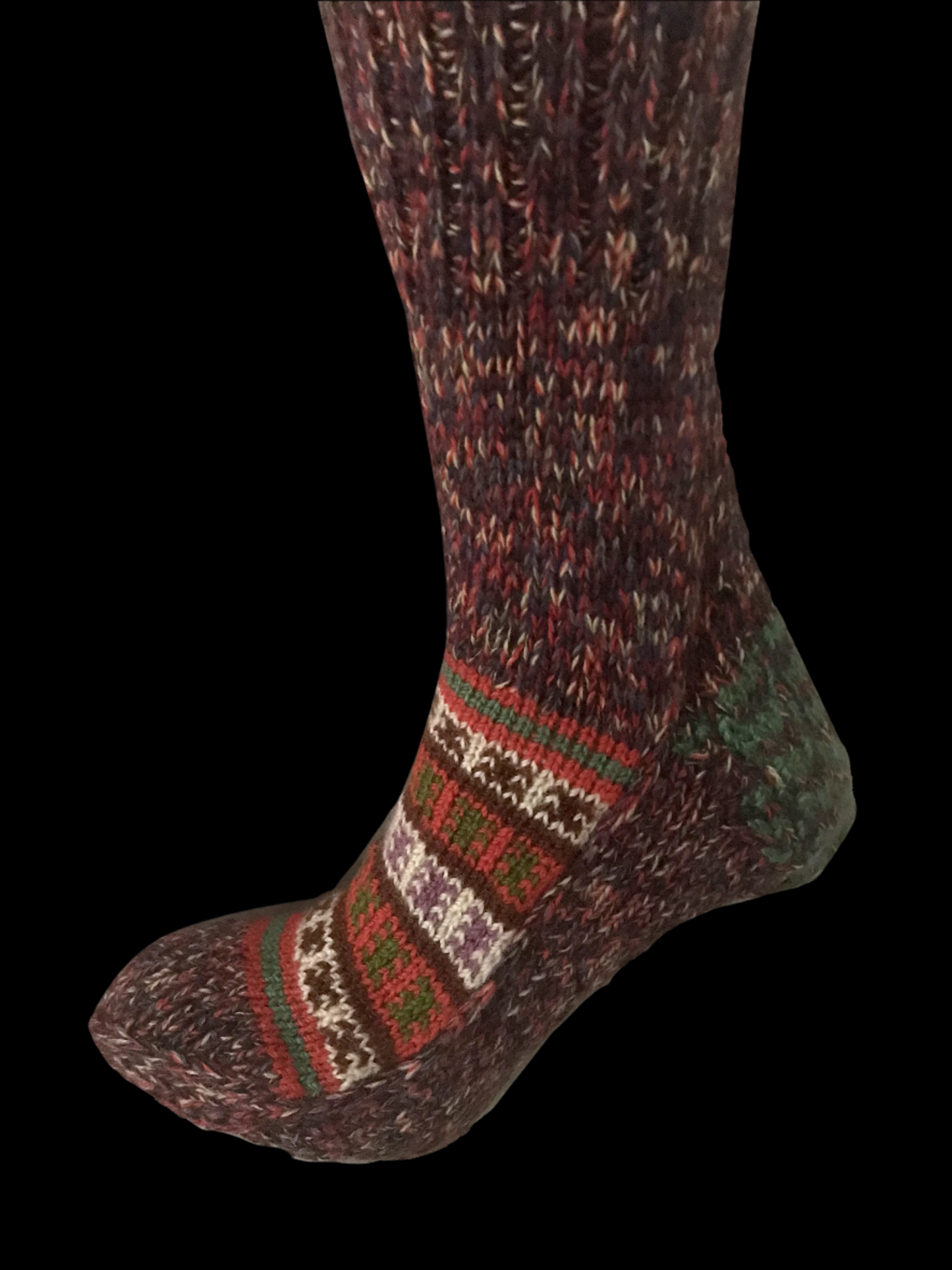"Subtle Burgundy Blends"- hand knit woollen socks with a blend of maroon colours with elegant patterns