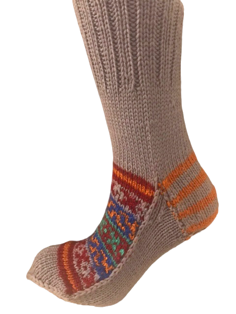 'Beige & Orange' hand knit woollen socks with a blend of brown based colours and classic Kullu pattern