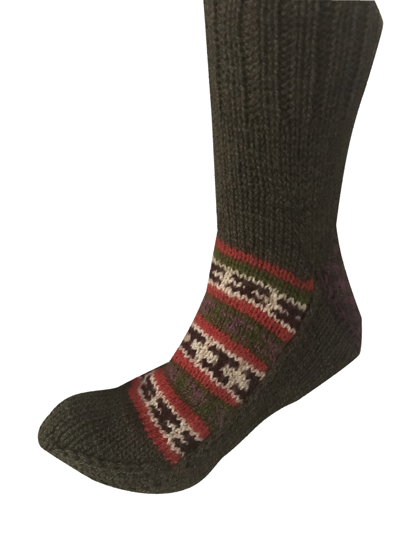 "Olive Green" - hand knit woollen socks with green base and classic Himalayan pattern