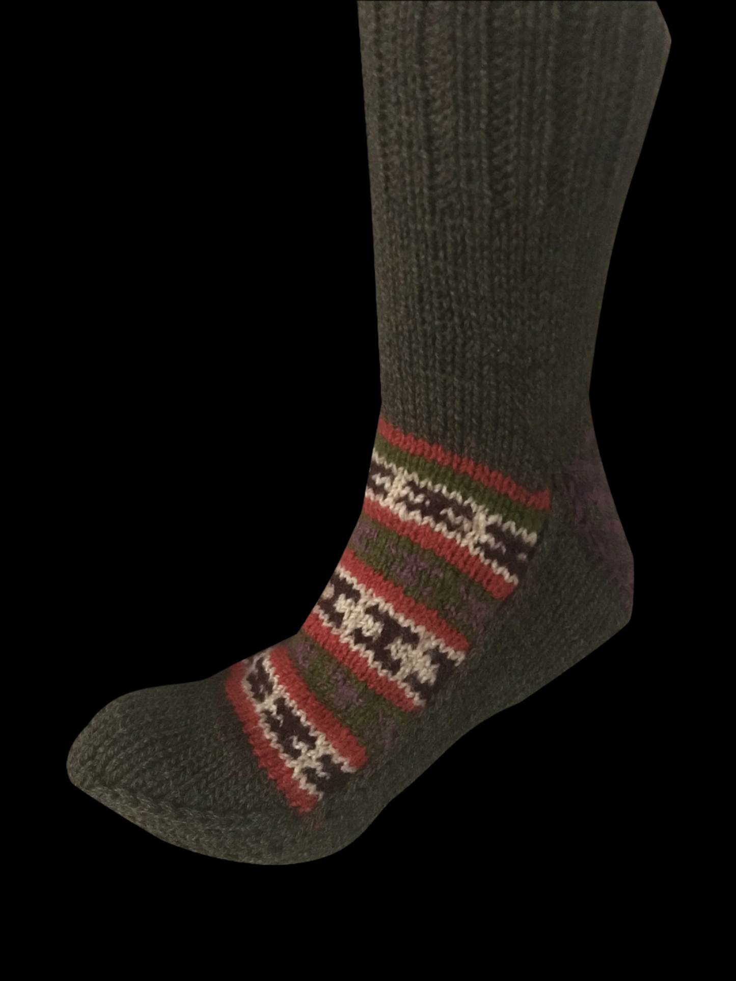 "Olive Green" - hand knit woollen socks with green base and classic Himalayan pattern