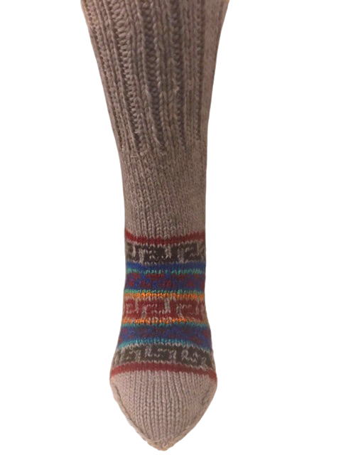 'Beige' hand knit woollen socks with a blend of brown based colours and classic Kullu pattern