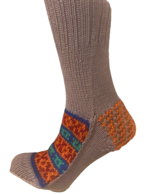 'Beige & Bright Blend' hand knit woollen socks with a blend of brown based colours and classic Kullu pattern