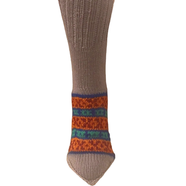 Beige Base with Diagonal Orange Lines on Heel - hand knit woollen socks