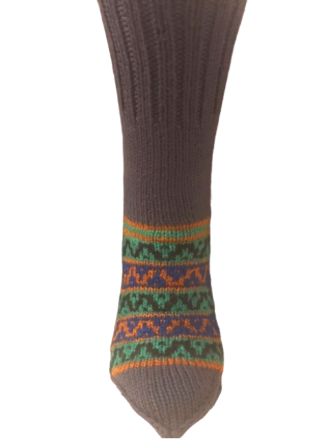 Dark Beige Base with Horizontal Orange Lines on Heel - hand knit woollen socks