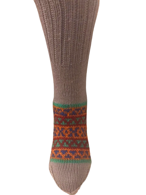 Beige Base with Vertical Green Lines on Heel - hand knit woollen socks