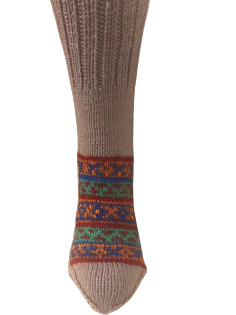 Beige Base with Horizontal Purple Lines on Heel - hand knit woollen socks