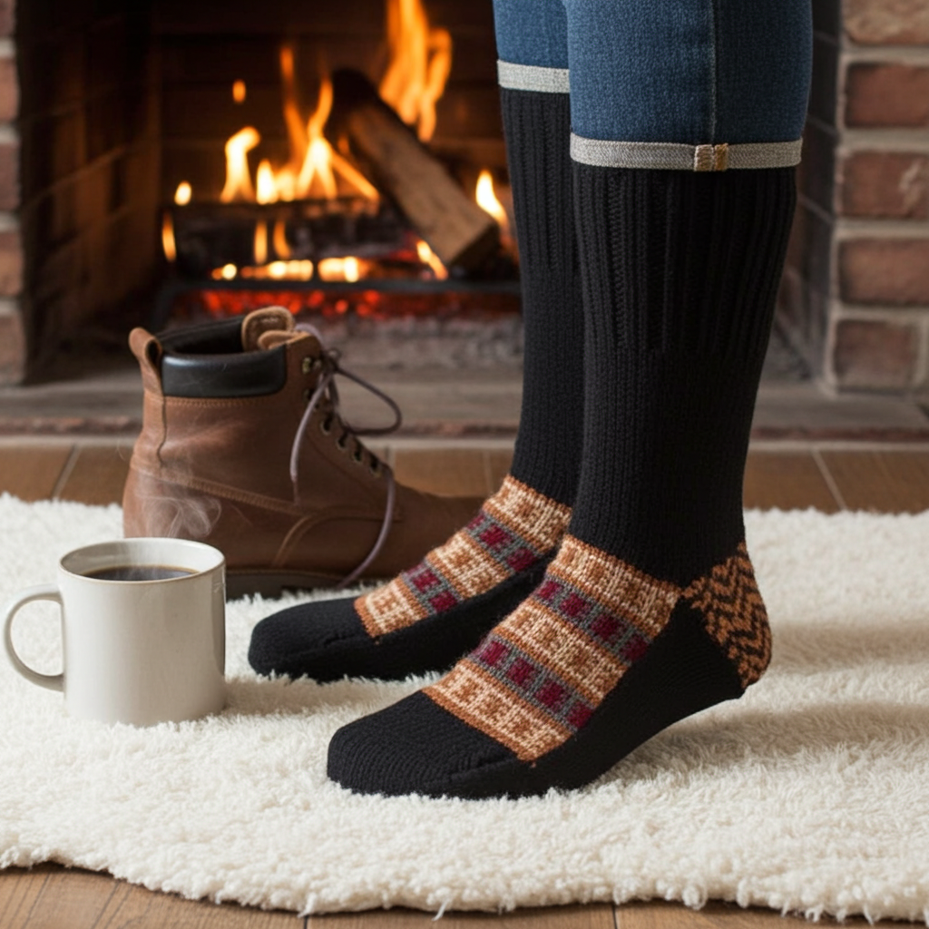 Black Wool Hand Knit Socks with Brown Patterned Base - Type 1