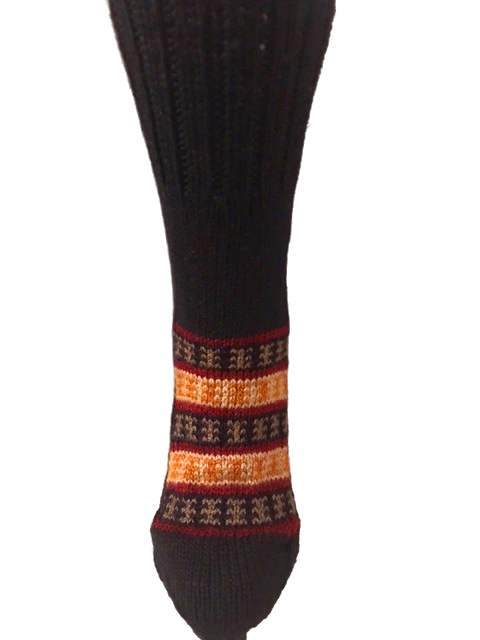 "Black with Gold & Orange" - hand knit woollen socks with a deep black base and traditional pattern