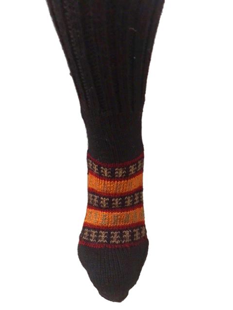 "Black with Orange" - hand knit woollen socks with a deep black base and Traditional pattern