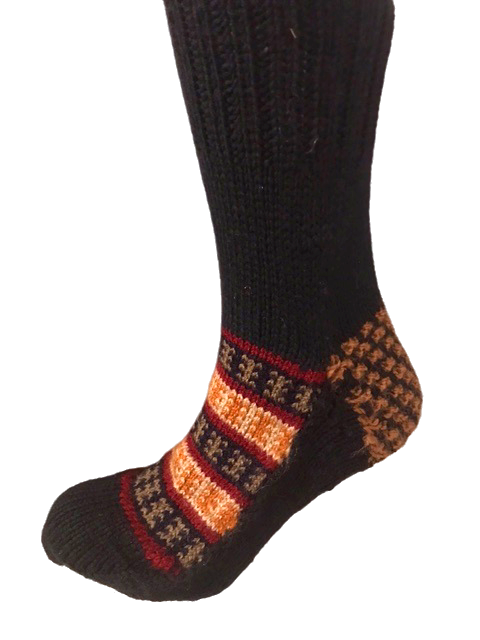 "Black with Gold & Orange" - hand knit woollen socks with a deep black base and traditional pattern