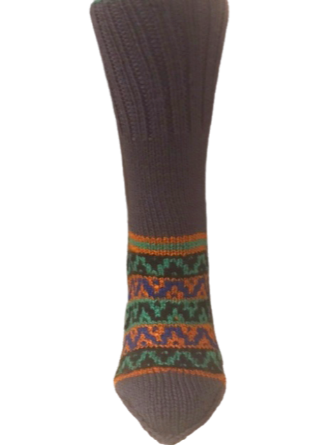 Dark Beige Base with Horizontal Green Lines on Heel - hand knit woollen socks