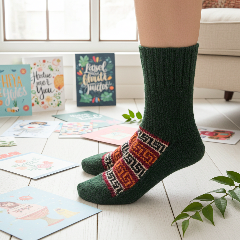 "Green Festival" - hand knit woollen socks with a dark green base and bright festive pattern