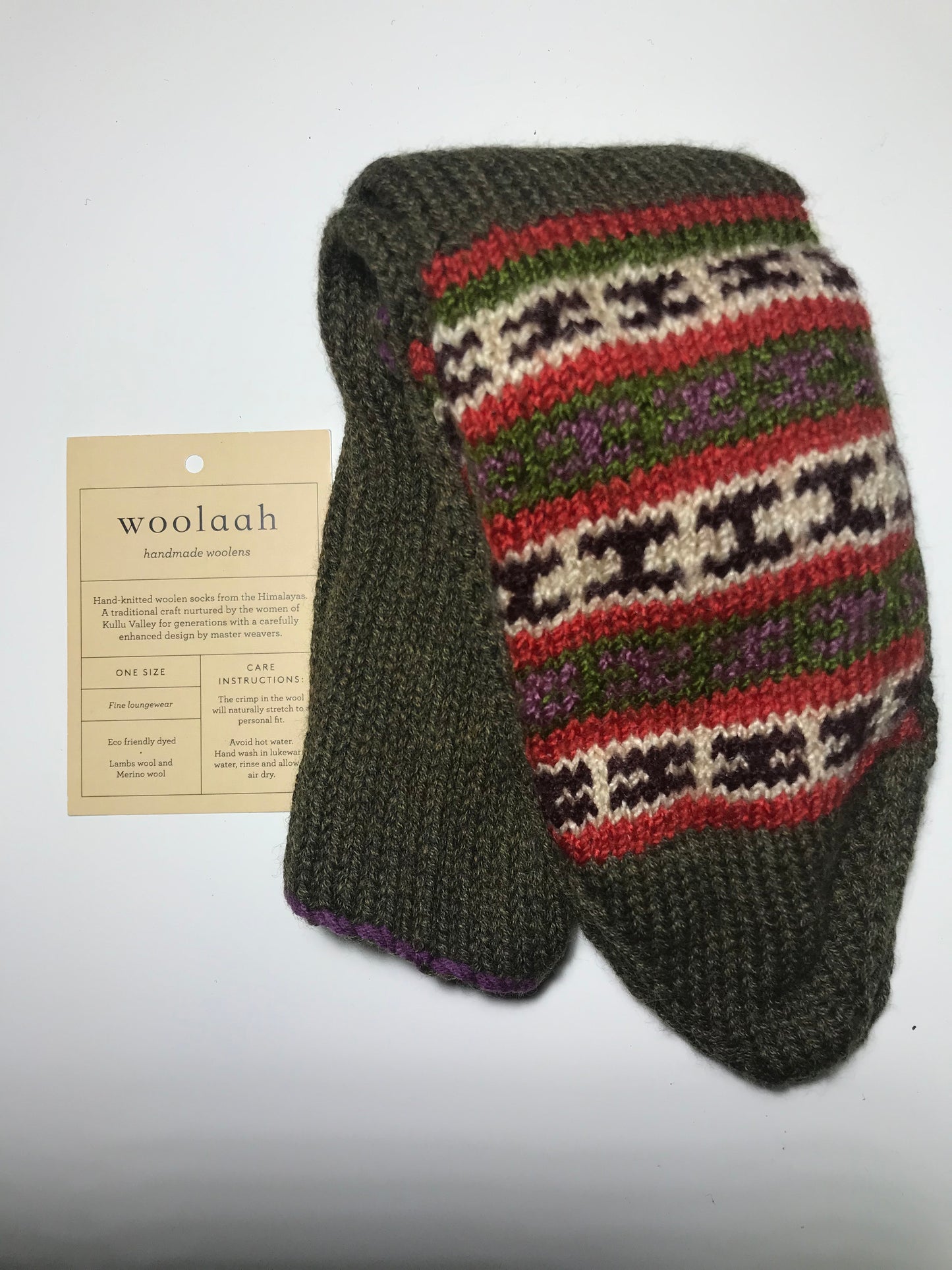 "Olive Green" - hand knit woollen socks with green base and classic Himalayan pattern