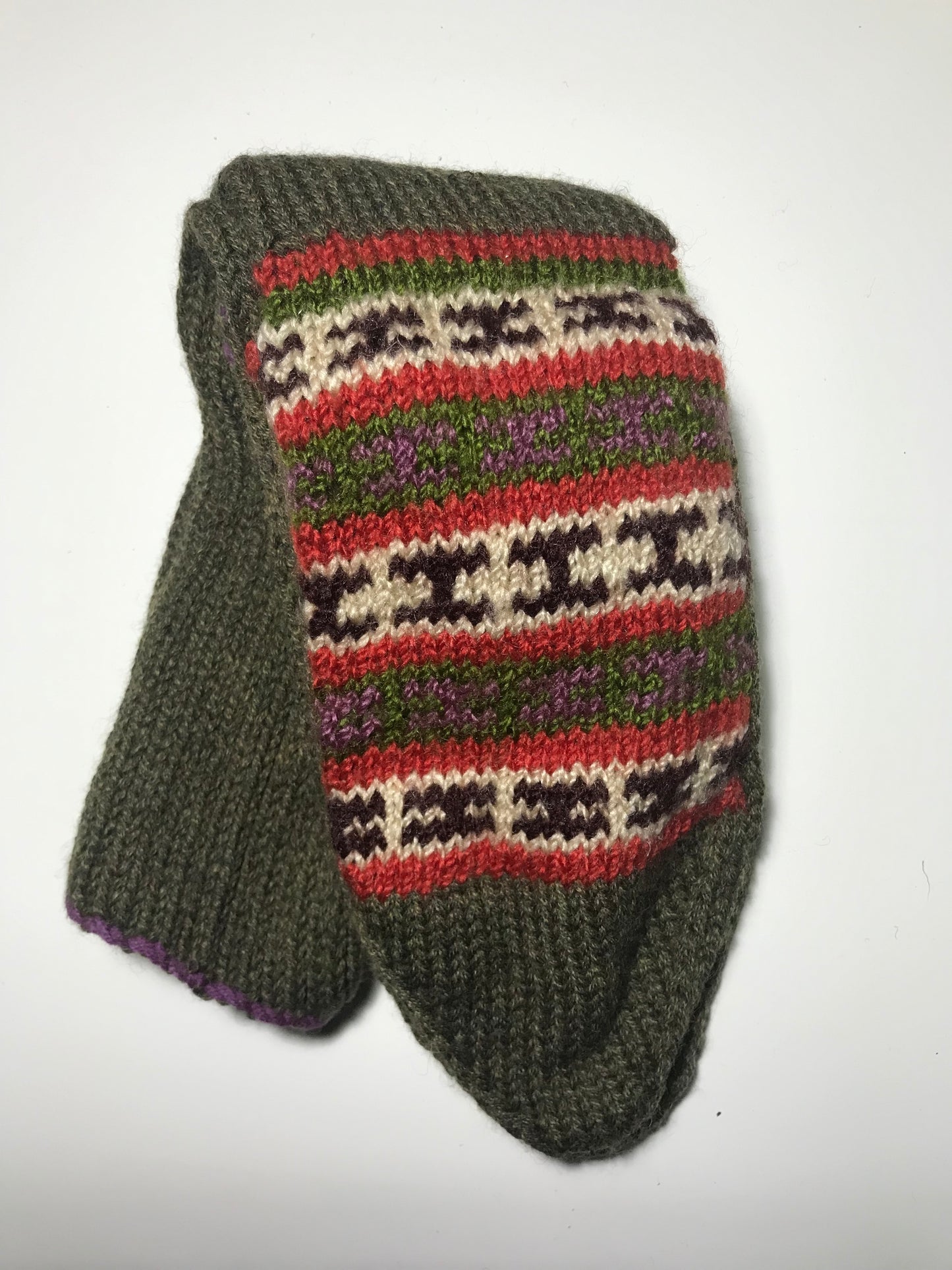 "Olive Green" - hand knit woollen socks with green base and classic Himalayan pattern