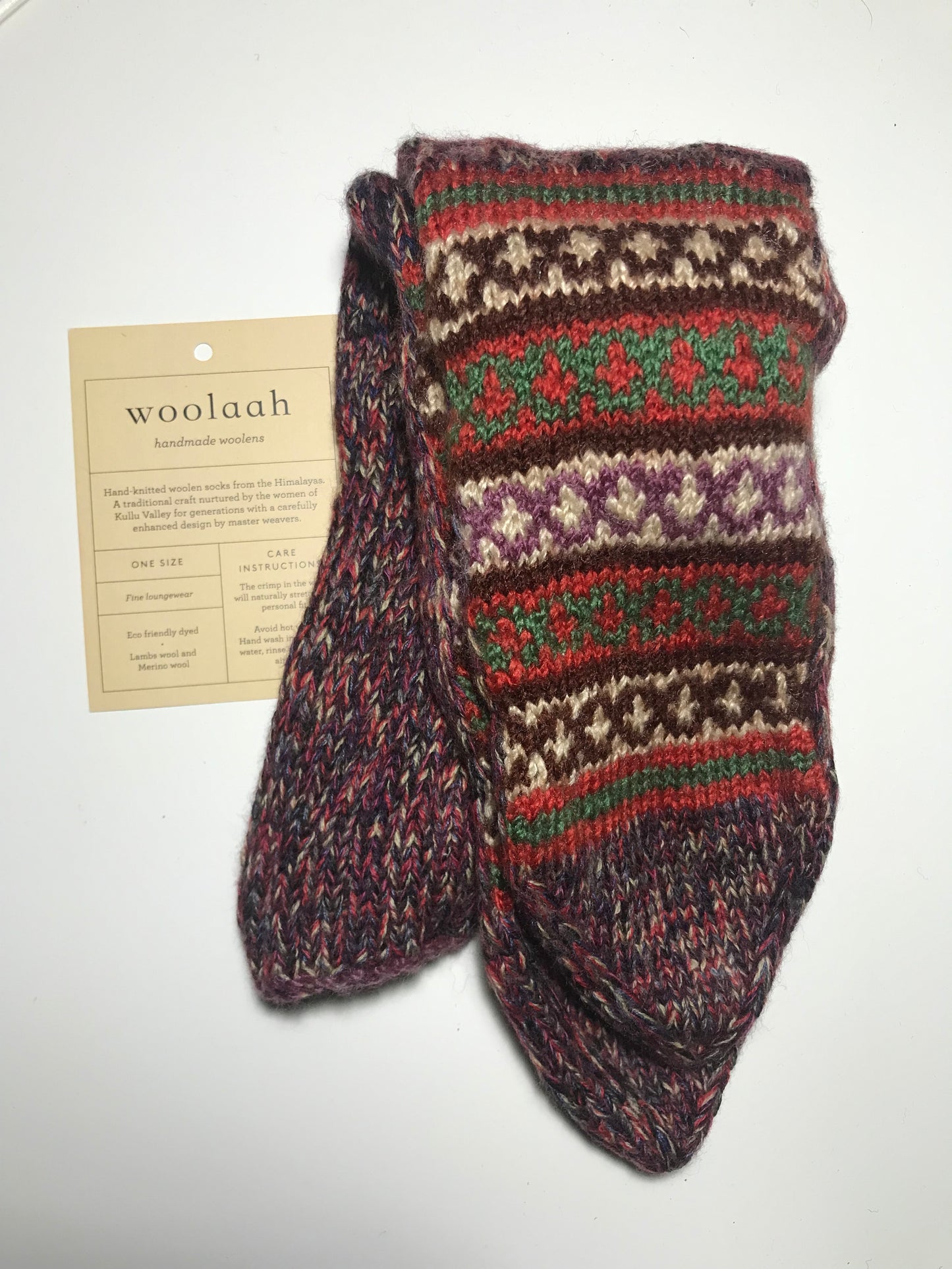 "Earthy blends" - hand knit woollen socks with a blend of brown based colours and classic Kullu pattern