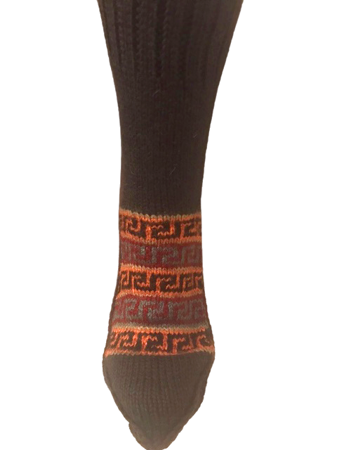 'Olive Green & Orange' hand knit woollen socks with a blend of orange based colours and classic Kullu pattern