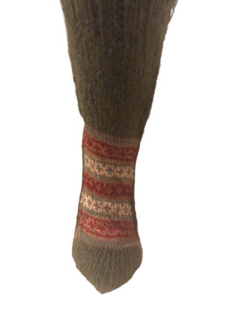 'Olive Green & Brown' hand knit woollen socks with a blend of brown based colours and classic Kullu pattern