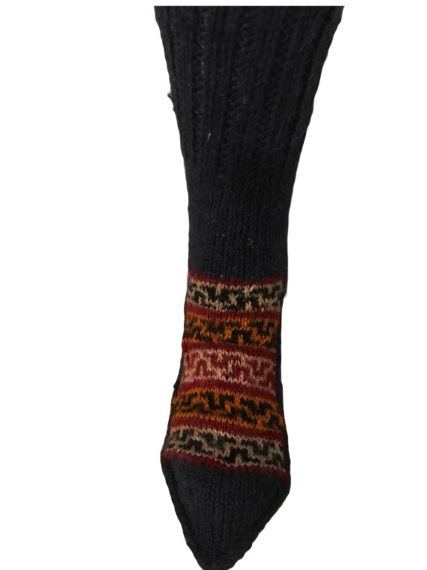 Dark Blue Three- hand knit woollen socks with a blended blue base and traditional patterns
