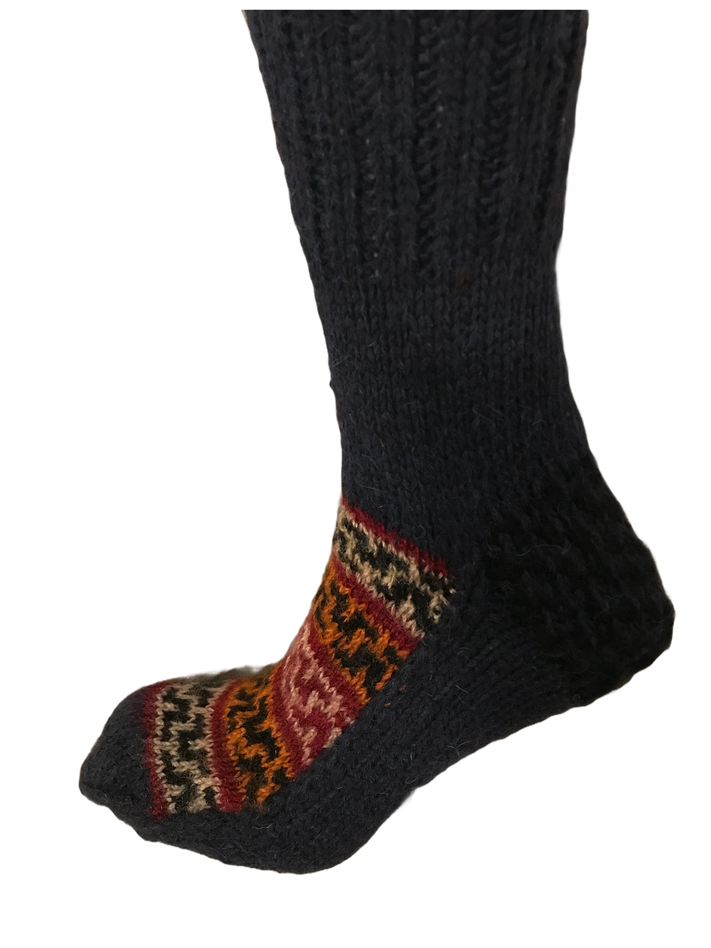 Dark Blue Three- hand knit woollen socks with a blended blue base and traditional patterns