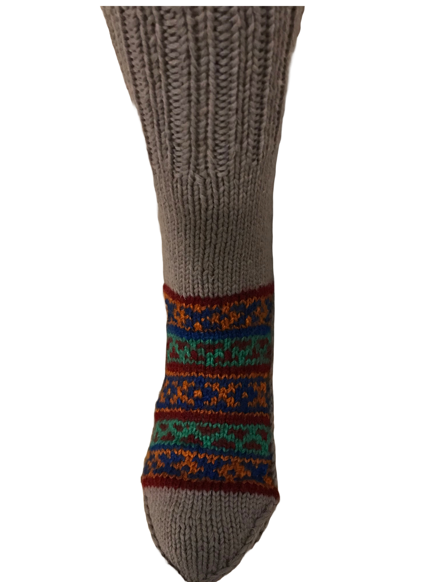 “Steel Grey 1” a beautiful steely grey hand knit woollen pair with traditional multi colour weaves