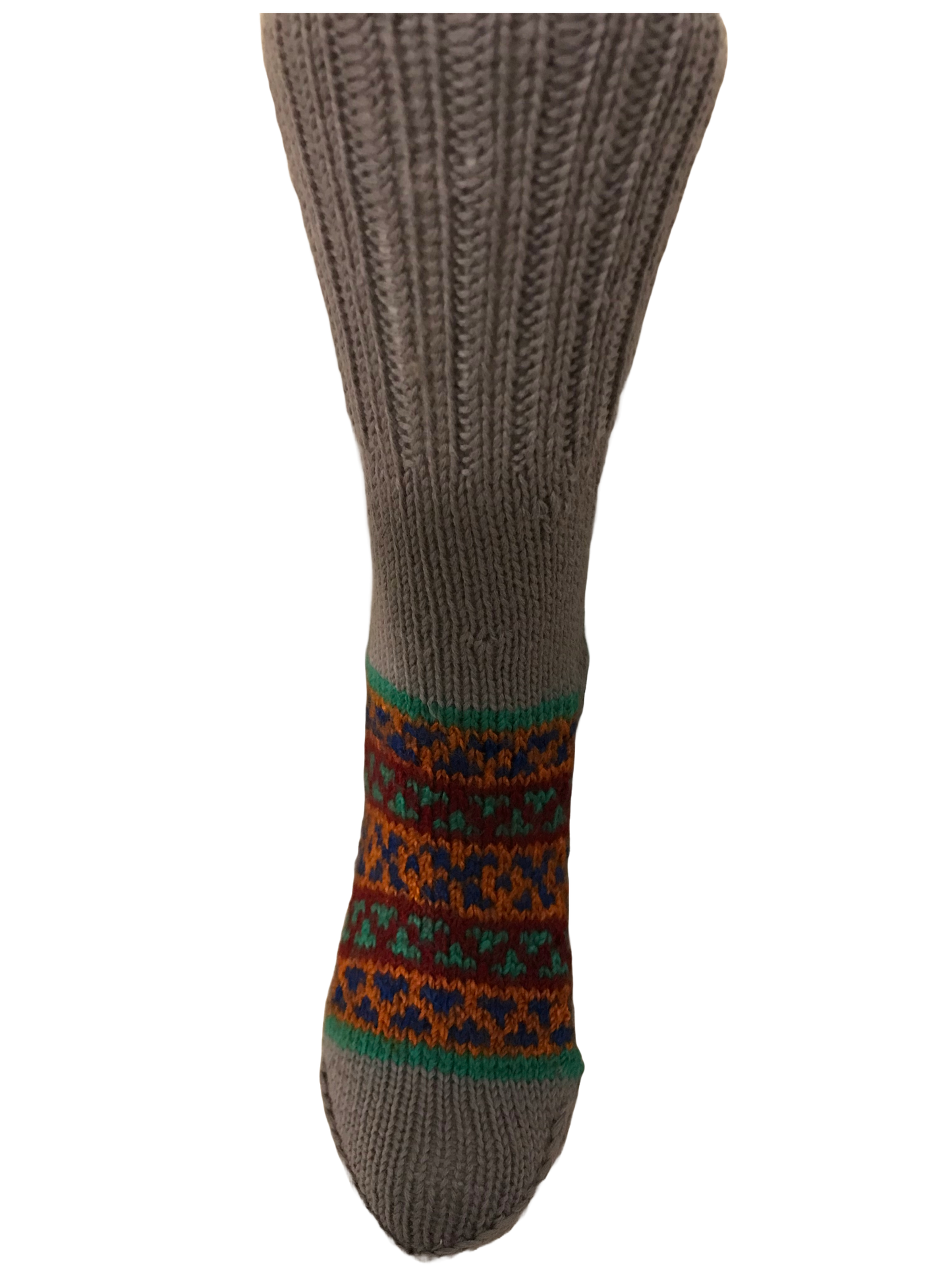 “Steel Grey 3” a beautiful steely grey hand knit woollen pair with traditional multi colour weaves