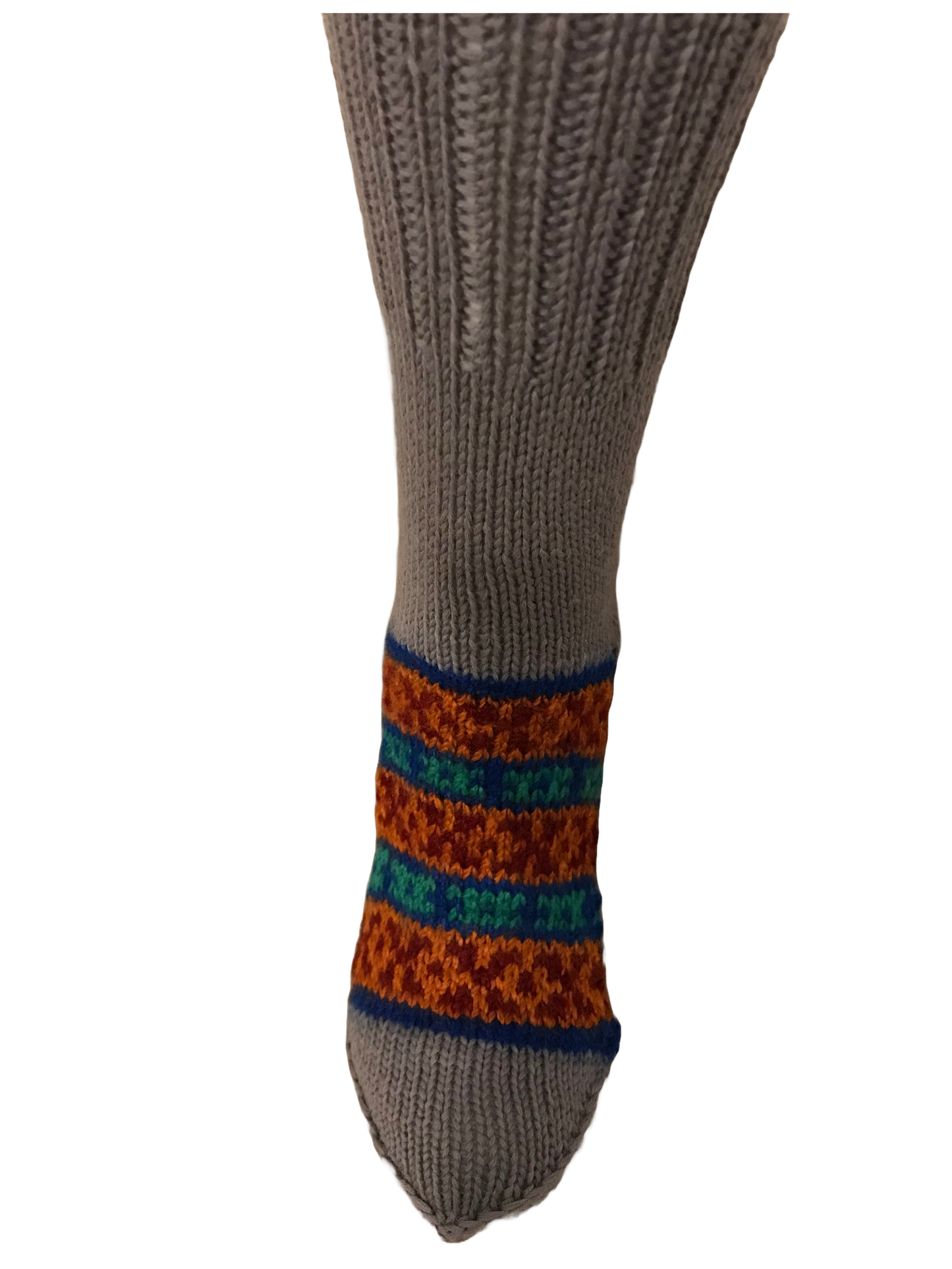 “Steel Grey 4” a beautiful steely grey hand knit woollen pair with traditional multi colour weaves