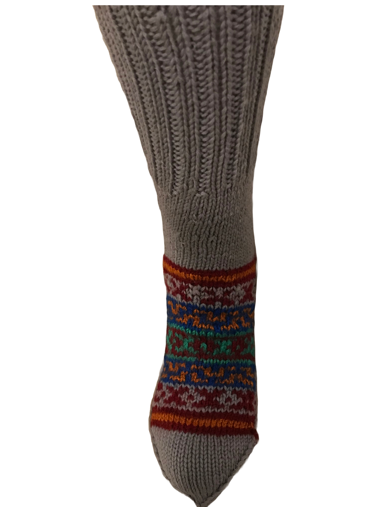 “Steel Grey 5” a beautiful steely grey hand knit woollen pair with traditional multi colour weaves