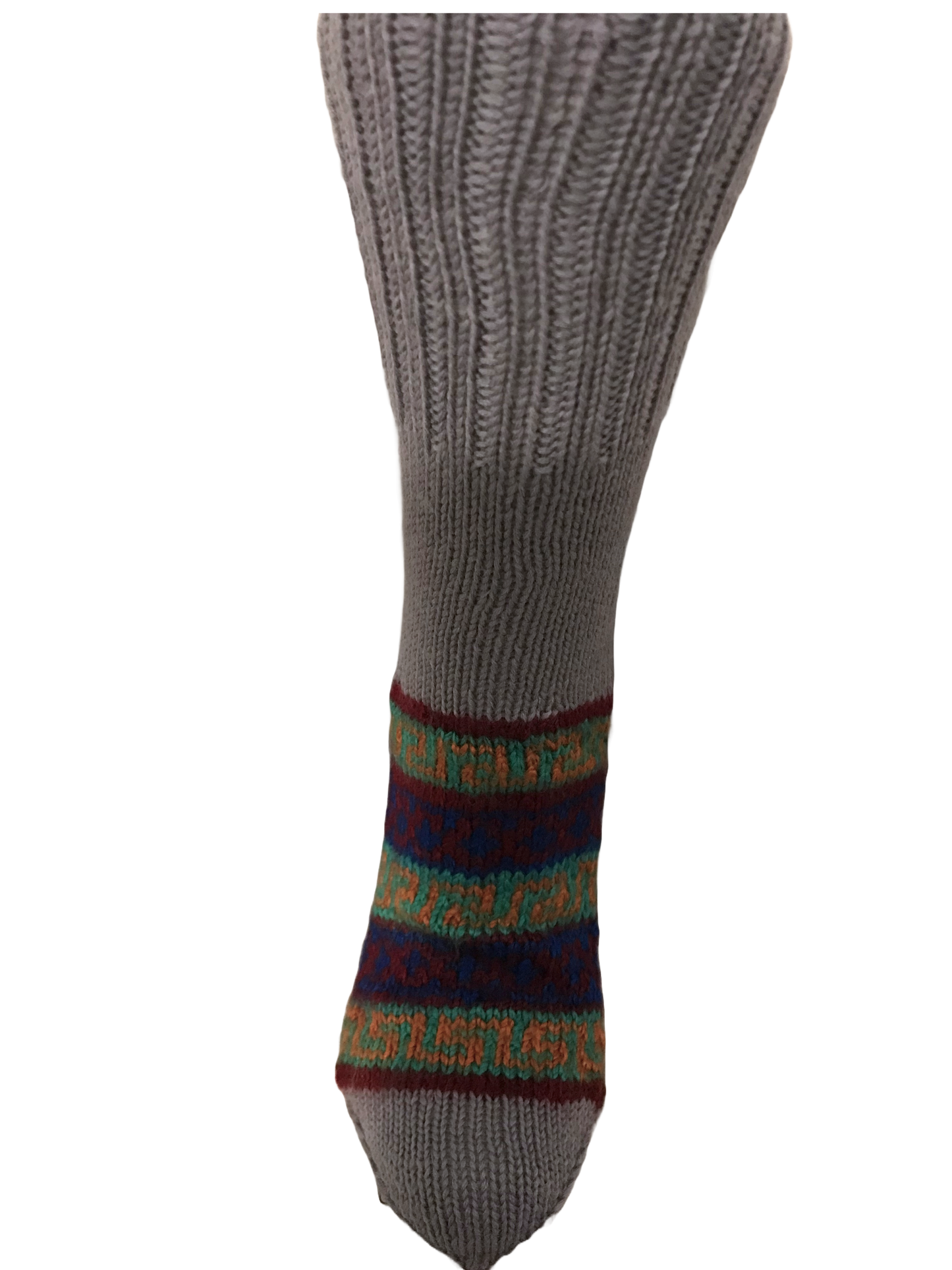 “Steel Grey 6” a beautiful steely grey hand knit woollen pair with traditional multi colour weaves