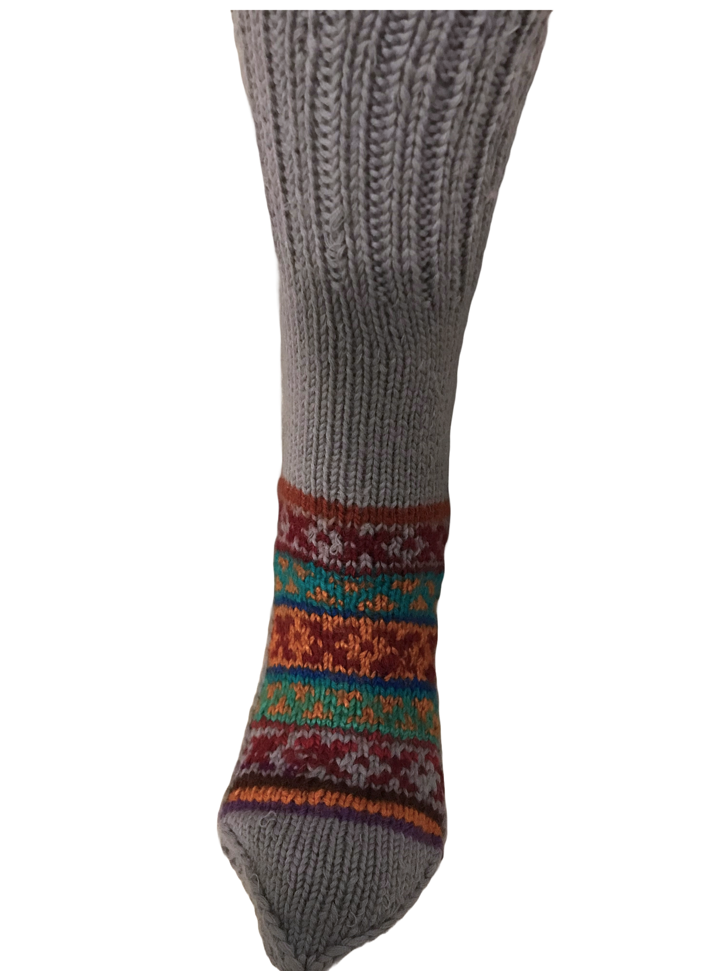 “Steel Grey 7” a beautiful steely grey hand knit woollen pair with traditional multi colour weaves