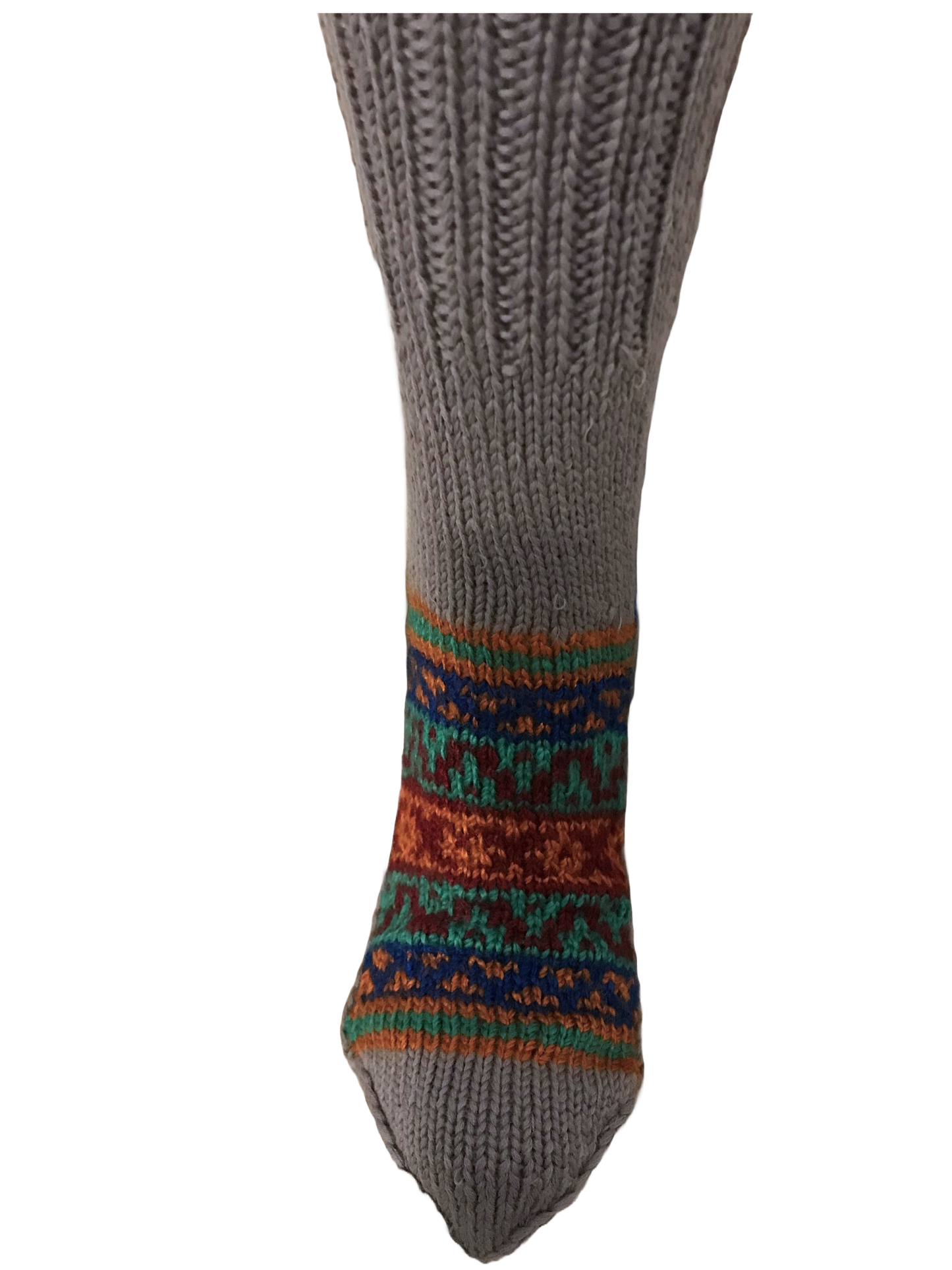 “Steel Grey 8” a beautiful steely grey hand knit woollen pair with traditional multi colour weaves
