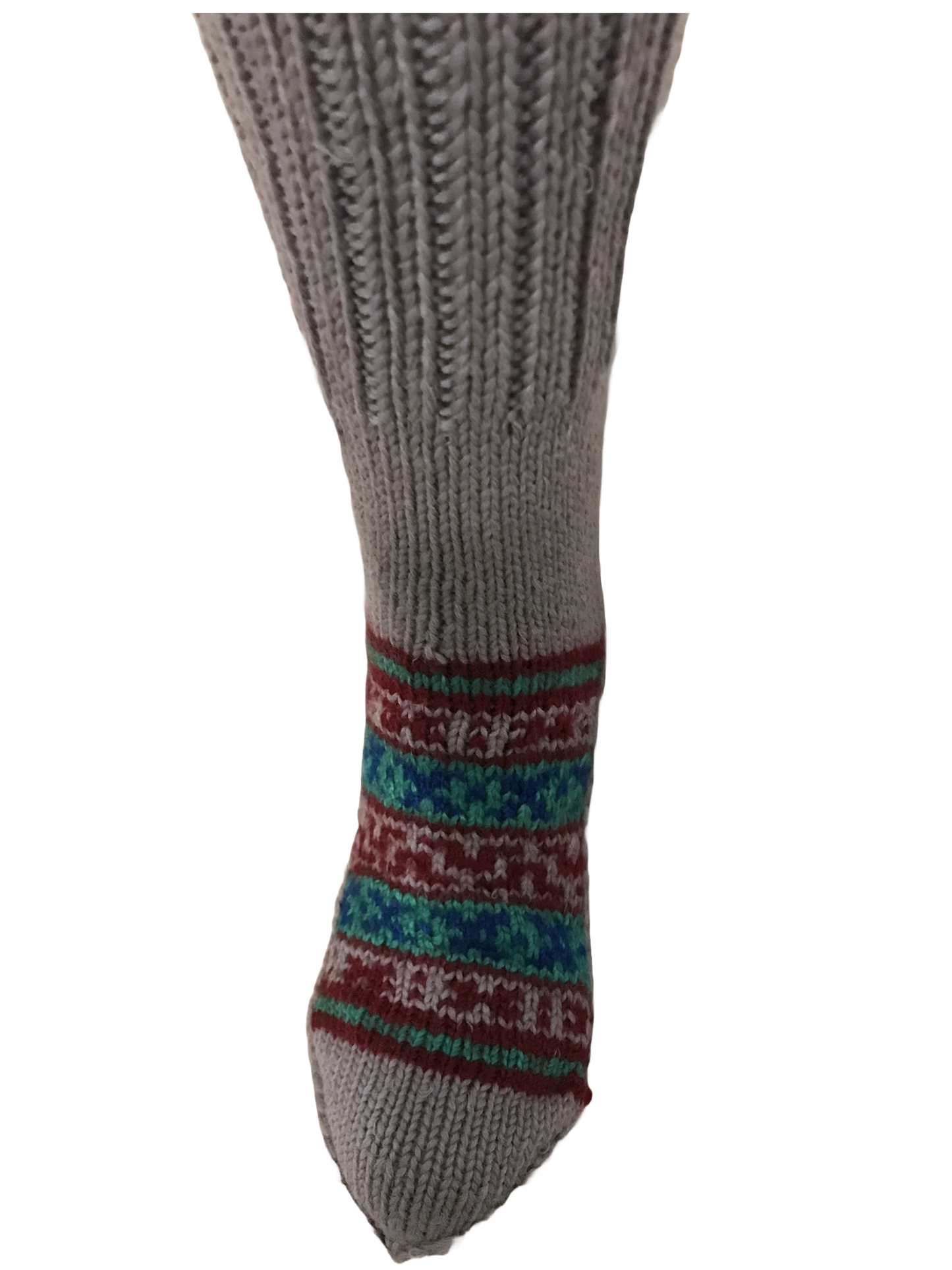 “Steel Grey 9” a beautiful steely grey hand knit woollen pair with traditional multi colour weaves