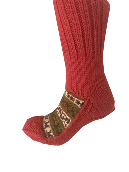 "Valley Red" - hand knit woollen socks with a Red base and subtle Kullu pattern