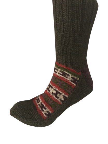 "Olive Green" - hand knit woollen socks with green base and classic Himalayan pattern