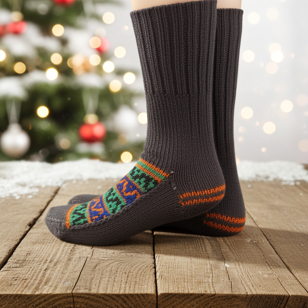 Dark Beige Base with Horizontal Orange Lines on Heel - hand knit woollen socks