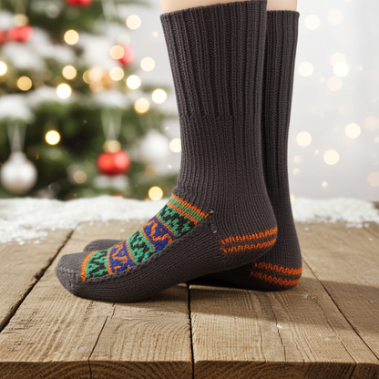 Dark Beige Base with Horizontal Orange Lines on Heel - hand knit woollen socks