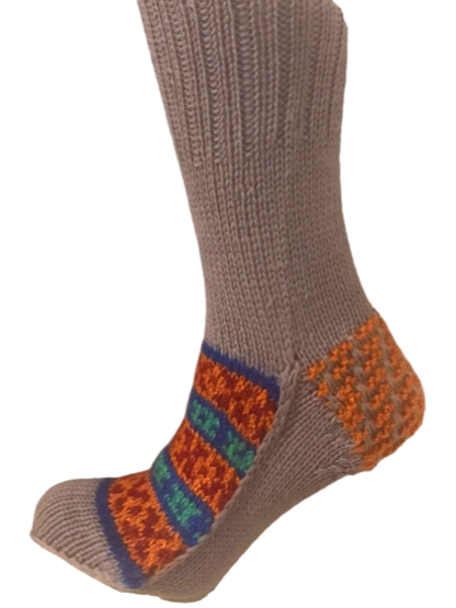 'Beige & Bright Blend' hand knit woollen socks with a blend of brown based colours and classic Kullu pattern