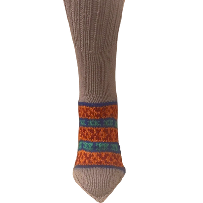 'Beige & Bright Blend' hand knit woollen socks with a blend of brown based colours and classic Kullu pattern