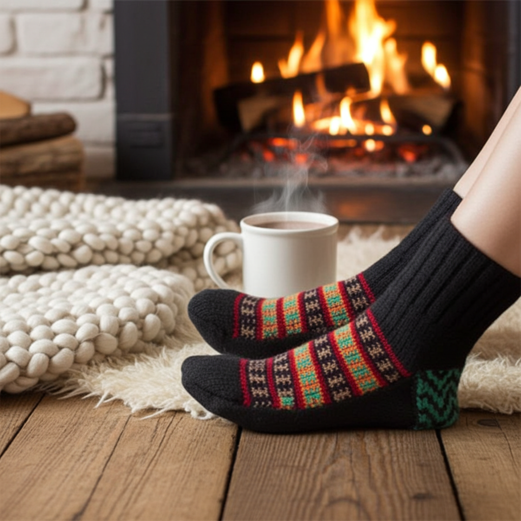 Woolaah- Handcrafted Kullu Pattern Black socks with multi coloured designs. Perfect gift. Men and Women's socks.