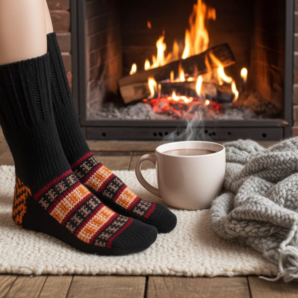 Black with Gold - hand knit woollen socks with a deep black base and Traditional pattern - Type 1
