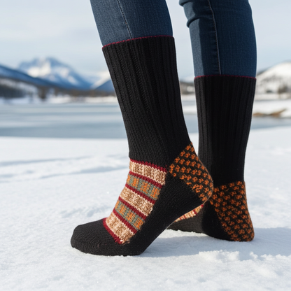 "Black with Sunset Orange" - hand knit woollen socks with a deep black base and traditional pattern
