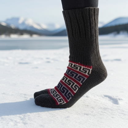 "Dark Grey" hand knit woollen socks with dark grey base and subtle patterns