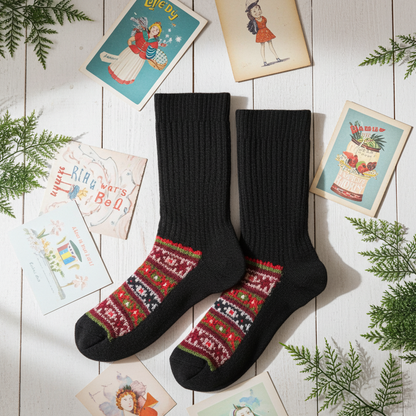 "Festive Green" - hand knit woollen socks with a green base and festive colour patterns