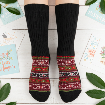 "Festive Green" - hand knit woollen socks with a green base and festive colour patterns