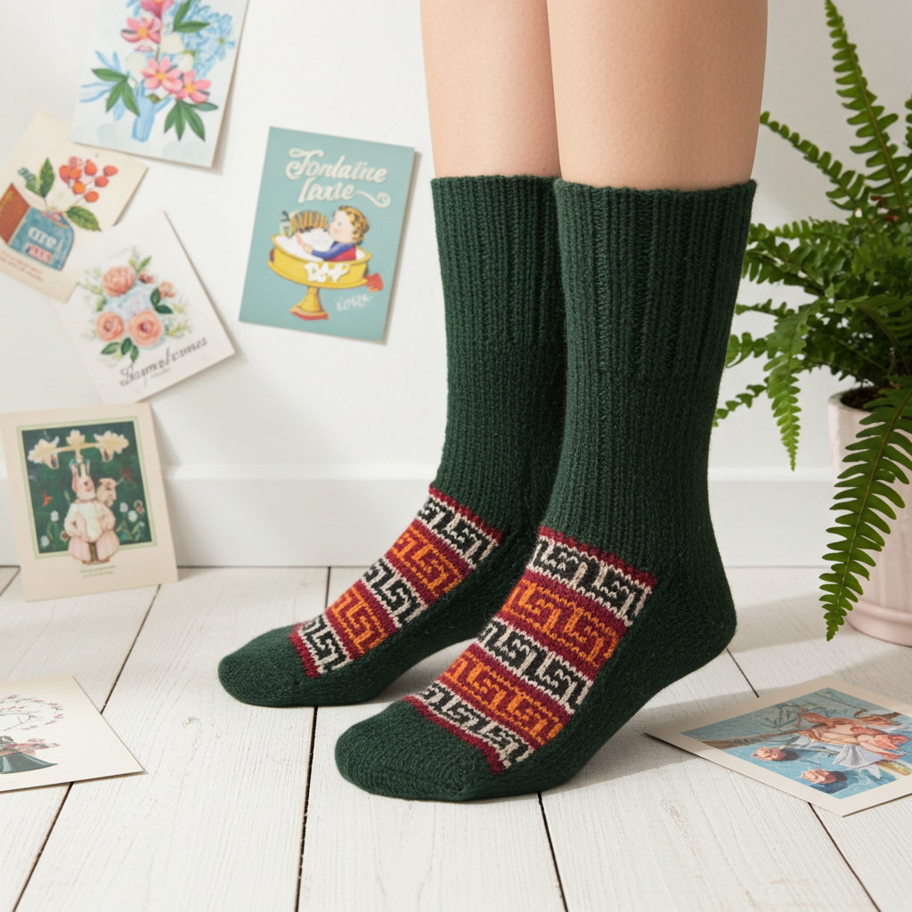 "Green Festival" - hand knit woollen socks with a dark green base and bright festive pattern