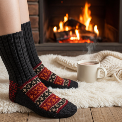Woolaah- handcrafted pure wool patterned grey black socks for men and women. Christmas collection, gift ideas